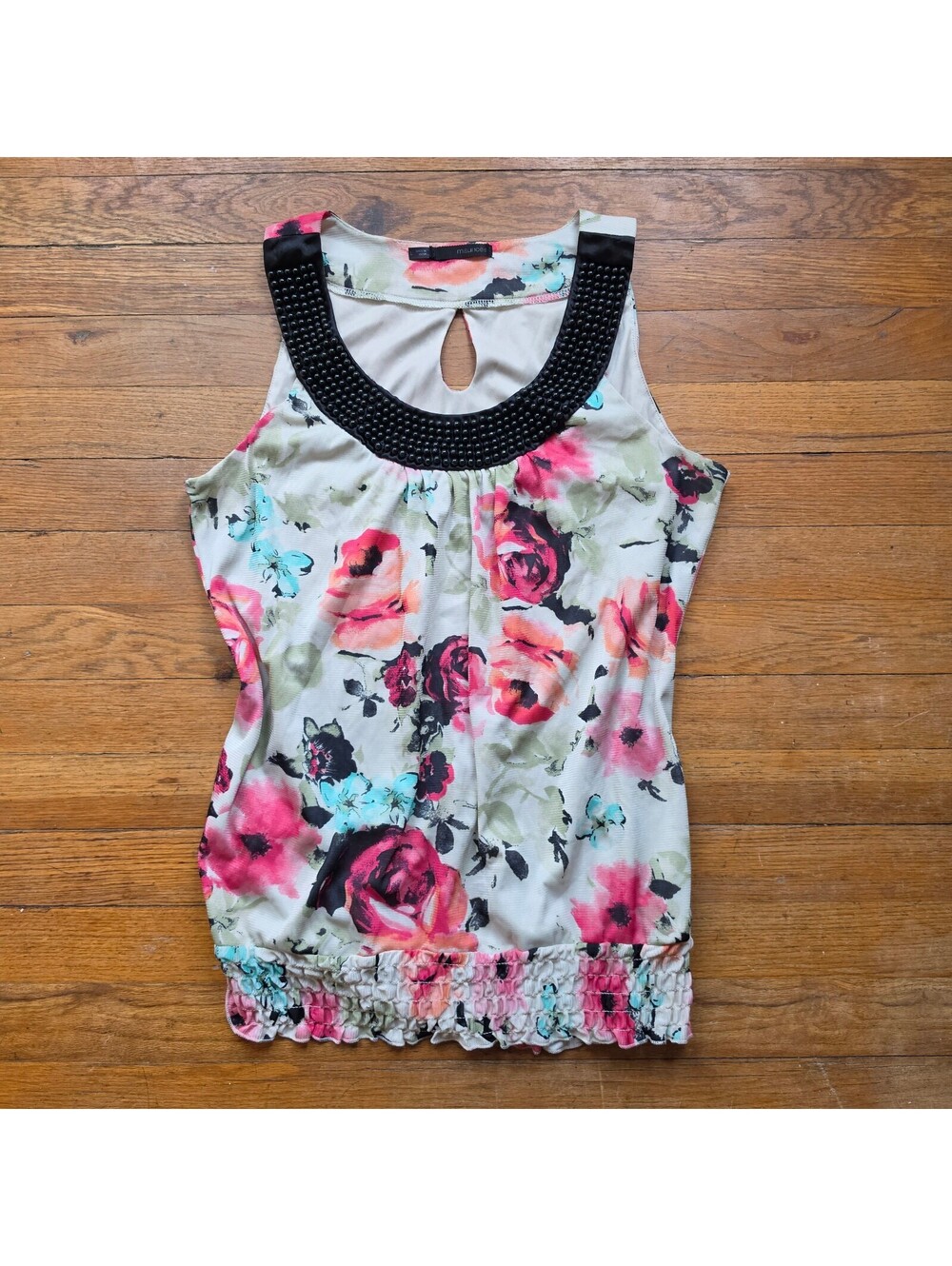 Maurices Floral Sleeveless Top with Beaded Neckline, Size Medium